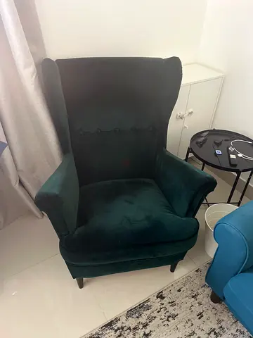 Dark Green Velvet Wingback Armchair - Good Condition