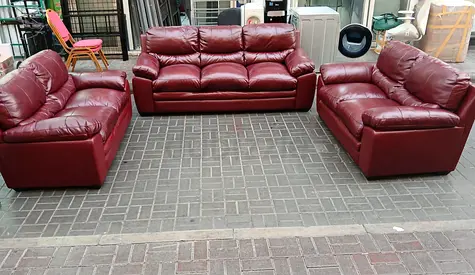 3-piece Burgundy Leather Sofa Set – 3-seater + 2x 2-seaters, Good Condition