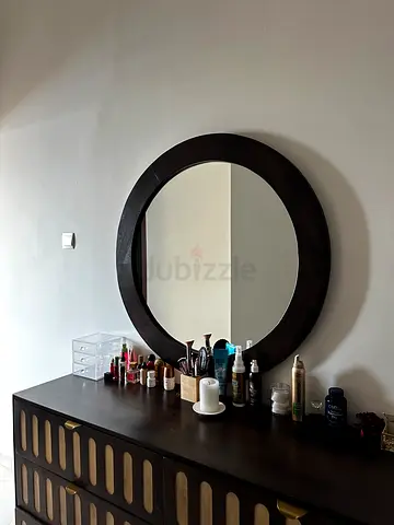 Round Wooden Wall Mirror with Console Shelf - Dark Brown