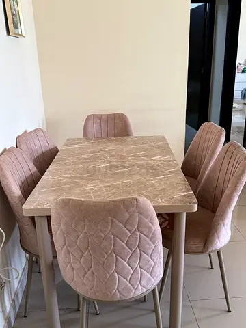 6-Seater Marble Top Dining Table with Upholstered Velvet Chairs - Light brown