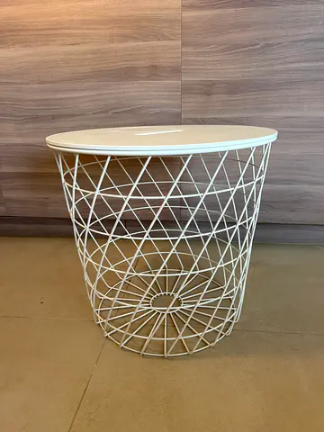 White Wire Basket Side Table / Storage Stool with Wooden Top