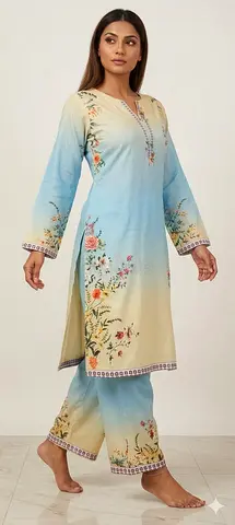 Light Blue Ombre Floral Kurta Set - Size Unknown, Good Condition