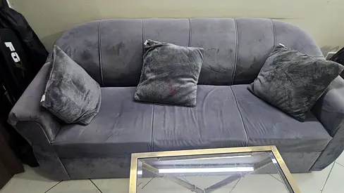 Gray 3-Seater Velvet Sofa with Cushions - Good Condition. Small Table Glass