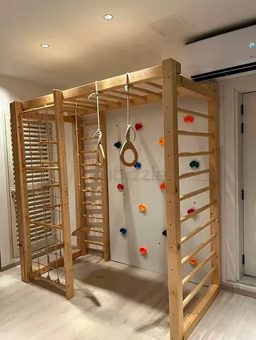 Wooden Indoor Kids Climbing Frame with Rings, Ladder and Rock Wall