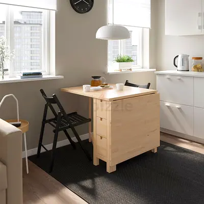 Solid Wood Drop-Leaf Kitchen Dining Table with Storage Drawers - Light Beech