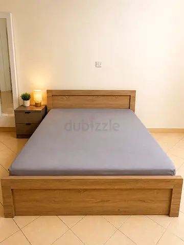 Queen Size Bed Frame with Mattress + Side Table – Good Condition