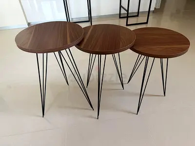 Set of 3 Round Nesting Side Tables with Wood Tops and Hairpin Legs