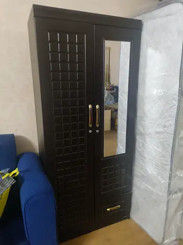 Dark Wood Freestanding Wardrobe with Mirror - Good Condition