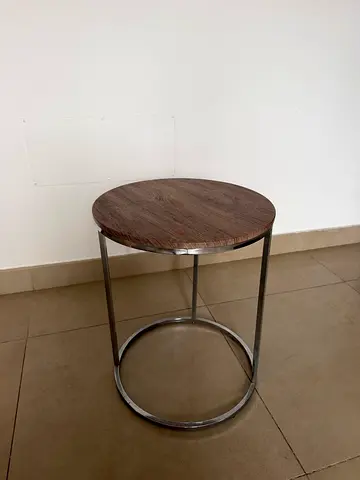Round wooden side table with stainless steel frame