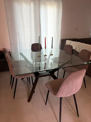 Glass Top Dining Table with 6 grey Velvet Chairs - Good Condition