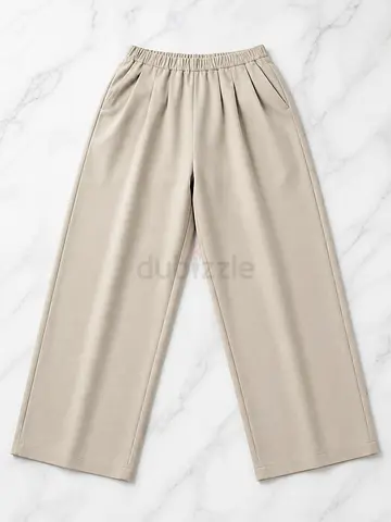 Beige Wide-Leg Elastic Waist Pants - Casual Womens Trousers