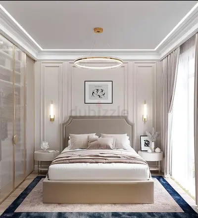 Modern upholstered queen bed with headboard in beige