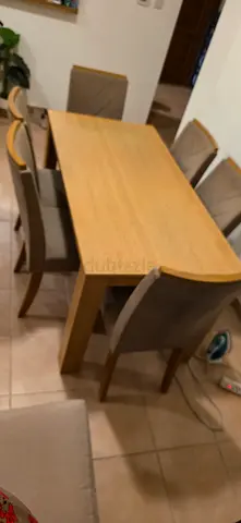 Solid wood 150x 75 dining table with 6 upholstered chairs - good condition