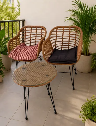 Rattan Outdoor Bistro Set - 2 Chairs + Side Table (Good Condition)