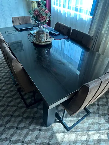 Modern Glass-Top Dining Table with 6 Upholstered Chairs