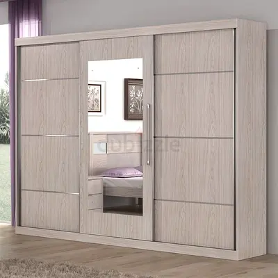 Large 3-Door Sliding Wardrobe with Mirror - Light Wood Finish