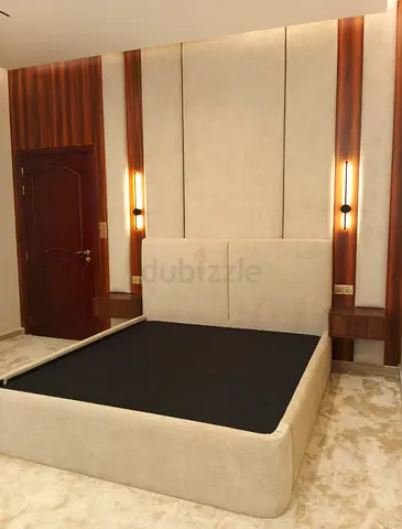 Beige Upholstered Double Bed with Headboard
