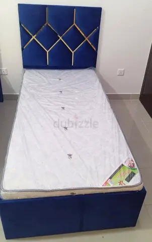 Single Bed with Headboard and Mattress — Blue Upholstered Storage Bed