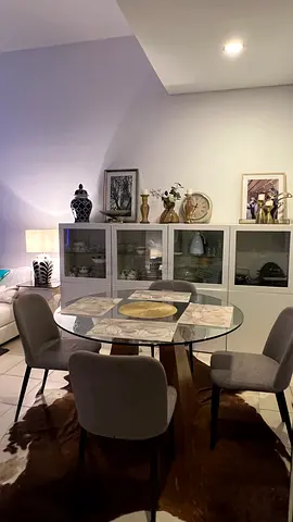Round Glass Top Dining Table with Wooden Pedestal + 4 Upholstered Chairs