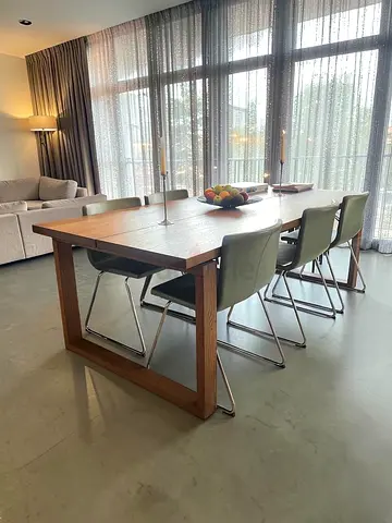Solid Wood Dining Table with 6 Modern Green Chairs - Excellent Condition