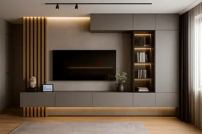Modern wall-mounted entertainment center with integrated shelving and LED lighting