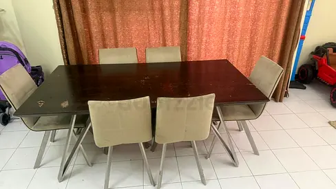 6-Seater Dark Wood Dining Table with Upholstered Chairs - Used (200 for table and chair 250 for sofa