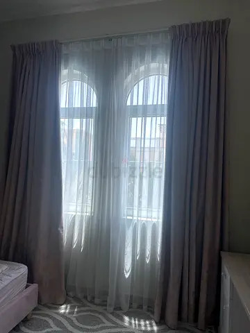 Full-length double-layer curtains with sheer voile - light grey/purple