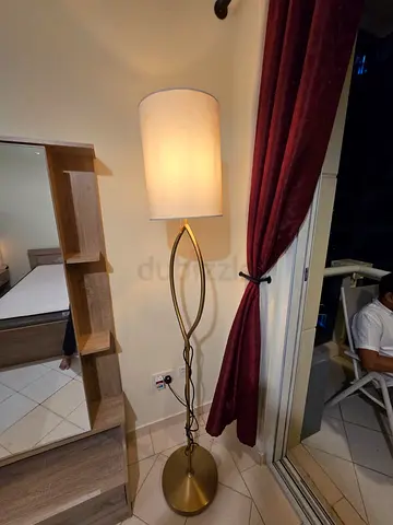 Brass floor lamp with white drum shade - good condition