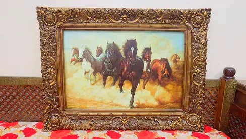 Framed Classic Horse Run Oil Painting with Ornate Gold Frame