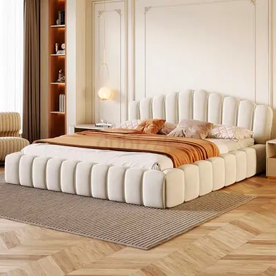 Modern upholstered platform bed with scalloped headboard (queen) - cream