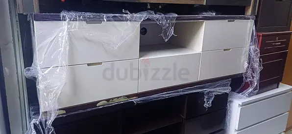Low white TV cabinet / media console with storage drawers