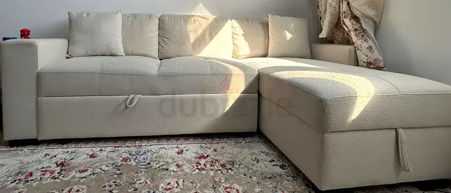 Light Beige L-Shape Corner Sofa with Storage - Good Condition