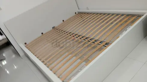 White wooden double bed frame with slatted base - good condition