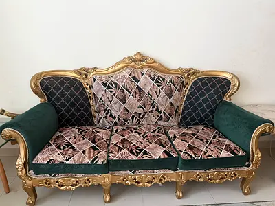 Ornate Gold Frame 3-Seater Sofa with Green Velvet Accents