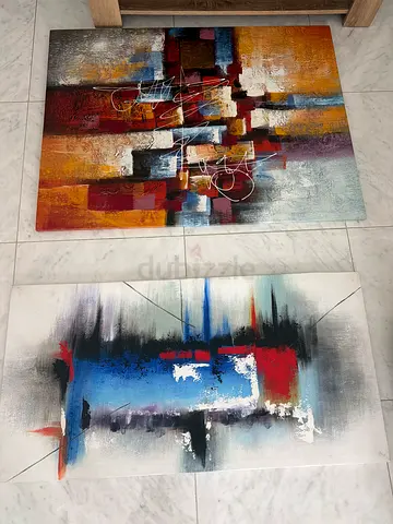 Pair of Abstract Canvas Paintings — Framed-Style, Ready to Hang