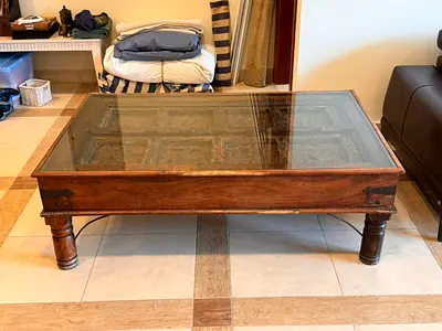 Solid Wood Low Coffee Table with Glass Top