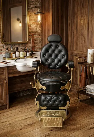Vintage Black Leather  Brass Barber Chair — Fully Upholstered, Excellent Condition