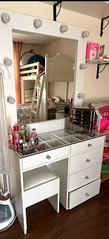 White Dressing Table with Lighted Mirror and Stool - Good Condition