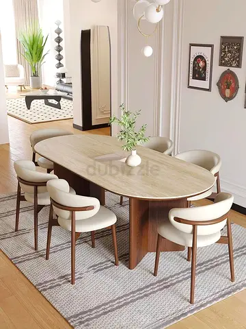 Wooden Oval Dining Table with 6 Upholstered Chairs - Modern Set