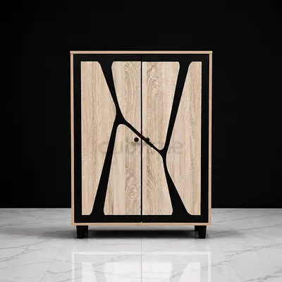 Modern Oak Wood Storage Cabinet with Geometric Black Inlay