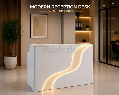 Modern White Reception Desk with LED Lights – Office Counter Desk For Reception Area