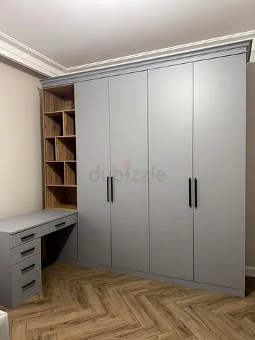 Built-in 4-Door Wardrobe with Desk and Open Shelving — Grey Finish