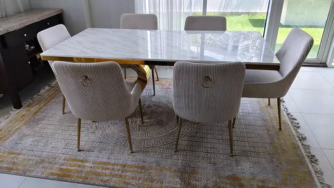 Marble Top Dining Table with 6 Upholstered Chairs - Modern Set