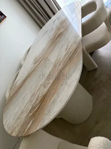 Oval Marble-Effect Dining Table with Fluted Base - Light Beige and square marble dining table
