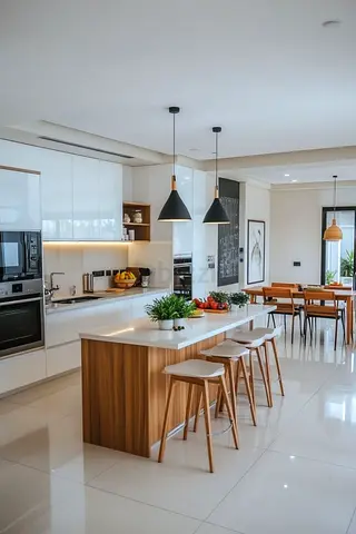 Modern kitchen island with stools and pendant lights
