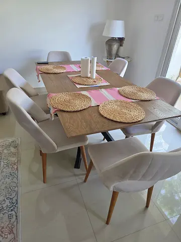 Wooden Dining Table with 6 Upholstered Chairs - Light Oak