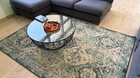 Used Vintage-Style Large Area Rug - Green  Beige, 200x300cm (approx) with coffee table
