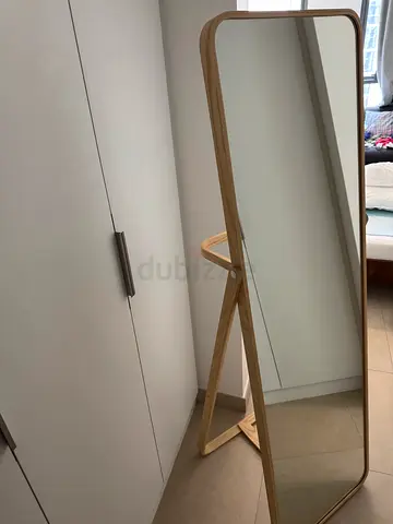 Full-Length Wooden Floor Mirror with Crossed Stand - Light Oak Finish