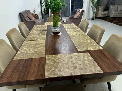 Solid Wood 8-Seater Dining Table with Upholstered Chairs - Good Condition