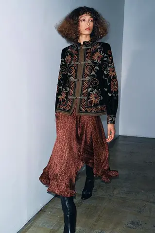 Zara Asymmetric Hem Midi Skirt in Maroon with Gold Metallic Thread